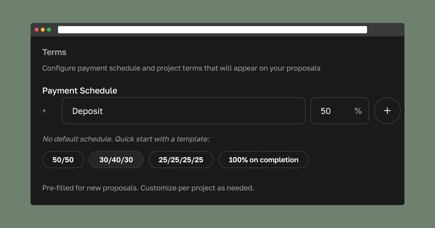Payment schedule editor showing milestone options