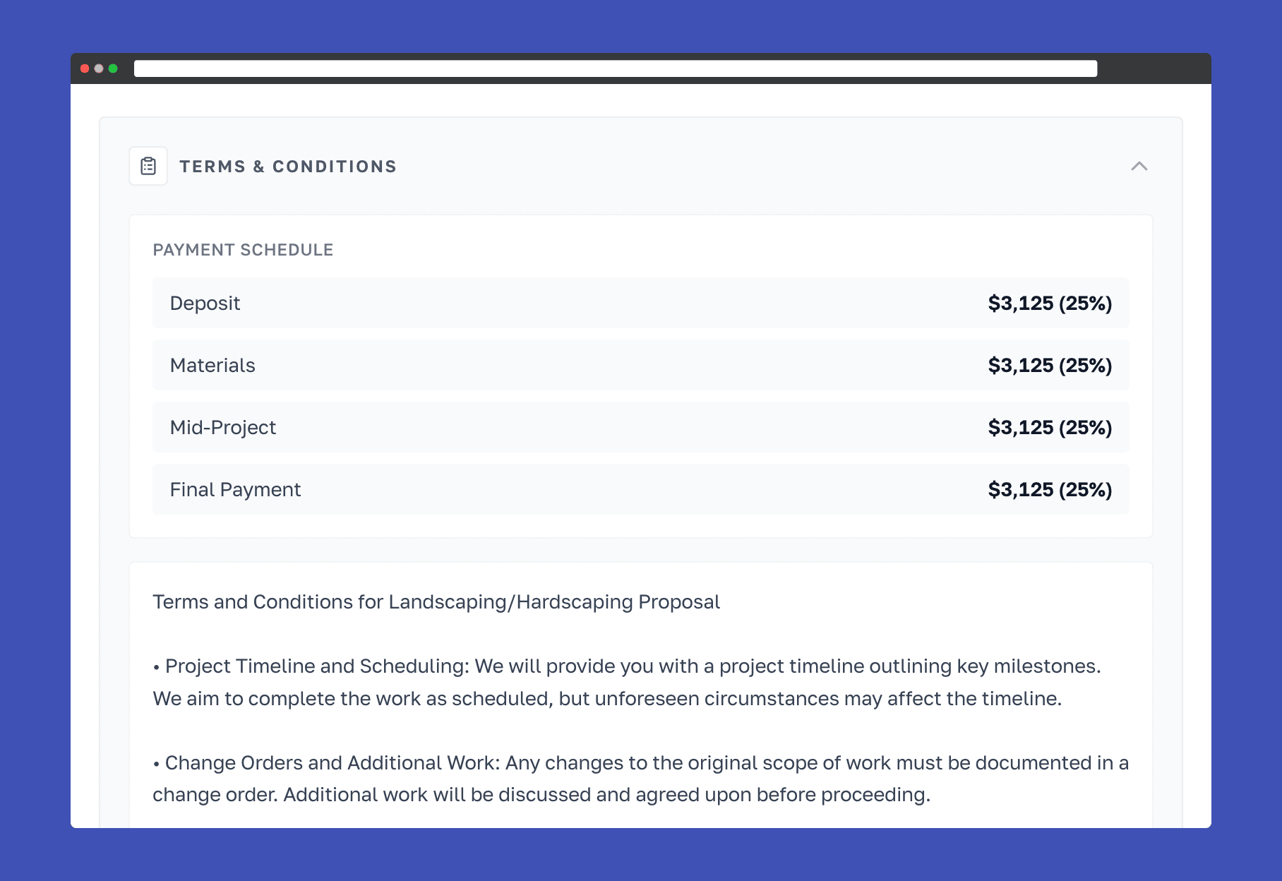 Payment schedule displayed on a customer proposal